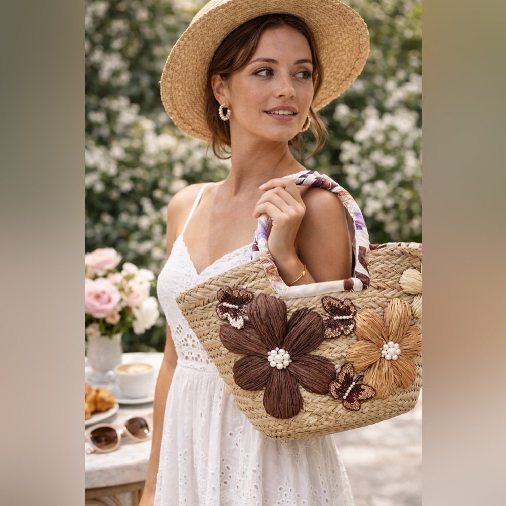Elegant Floral Straw Tote Bag